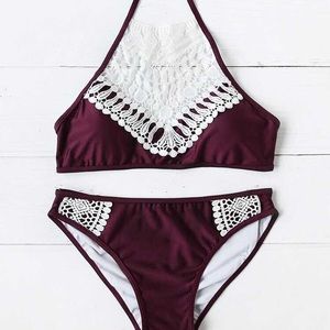 ROMWE burgundy halter top bathing suit